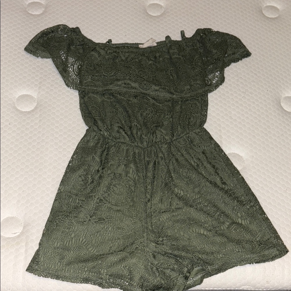 Green Lace Off-Shoulder Romper